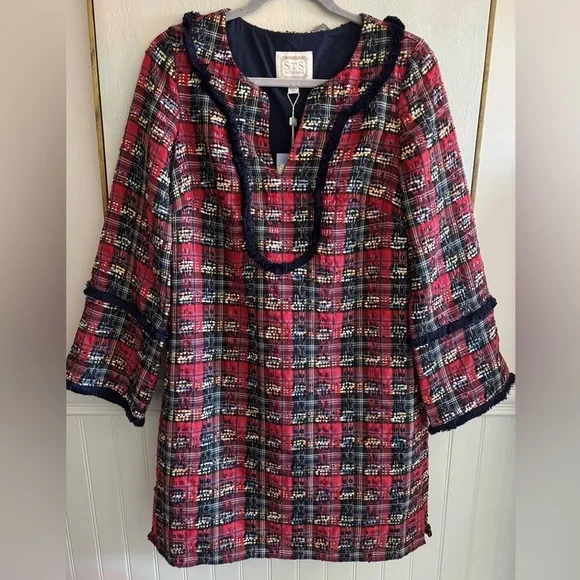 SAIL TO SABLE Red Navy Yellow Tartan Tunic Fringe Dress NWT Size Small - Picture 2 of 9